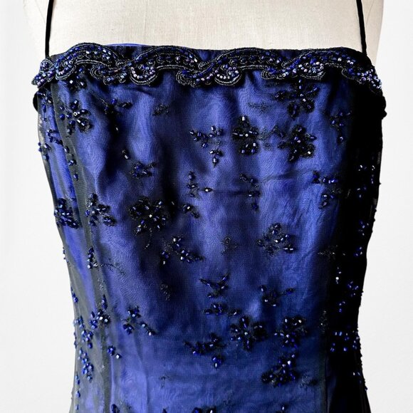 Vintage Blue Black Mesh Velvet Beaded Flared Maxi Prom Dress Size M - Picture 6 of 13
